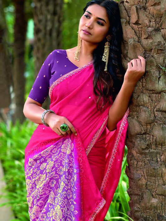 Pink chiffon saree view 1