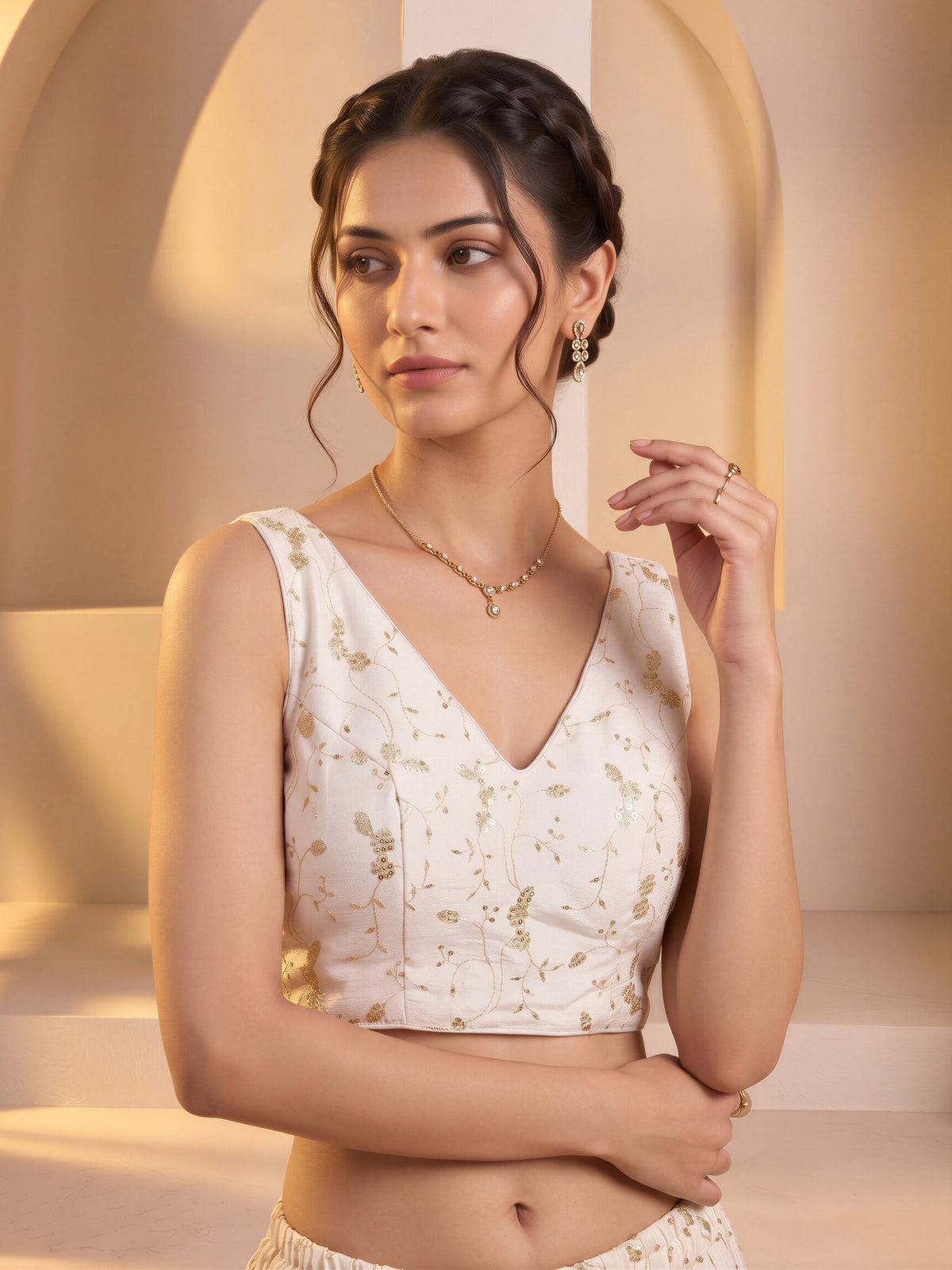 White sequin embroidered vichitra silk sleeveless readymade saree blouse with v neck view 3