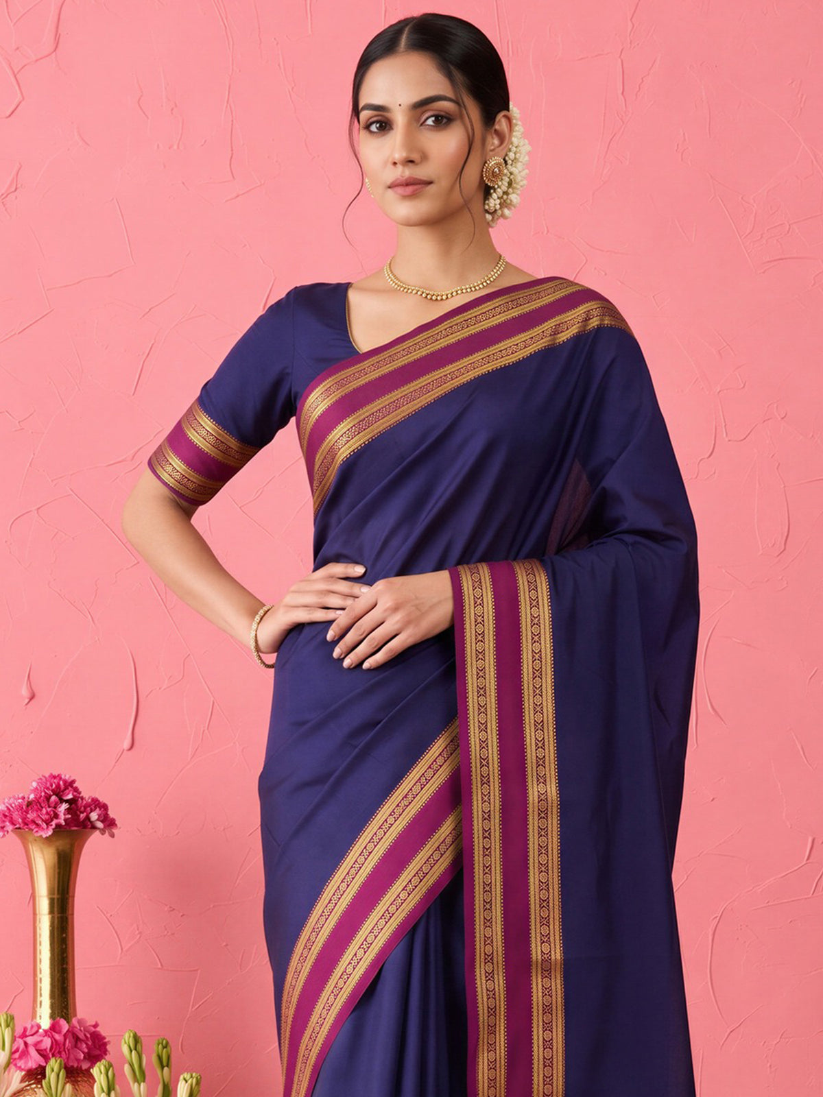 Purple cotton blend saree view 4