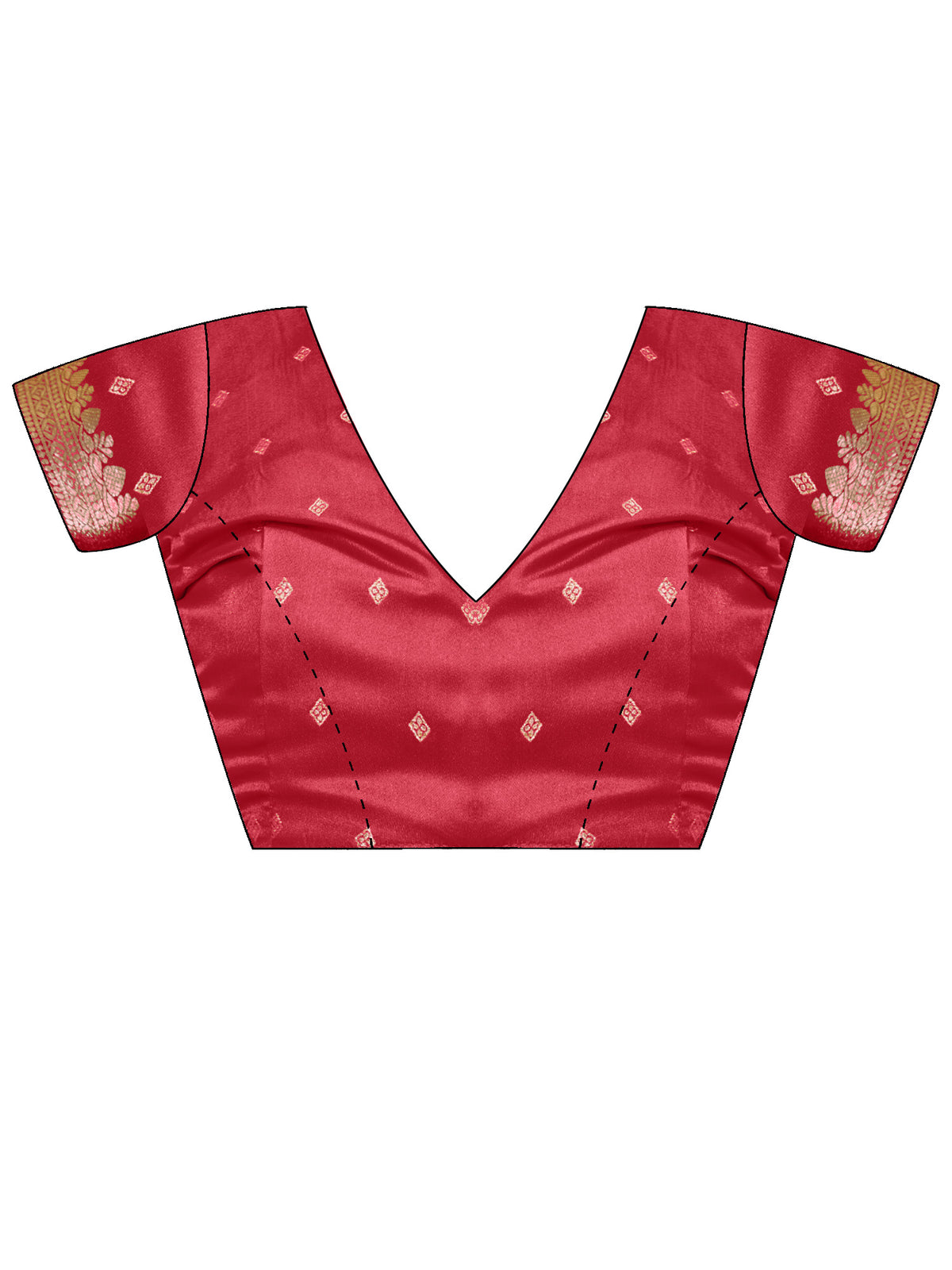 Unstitched red satin blouse piece with zari butta design