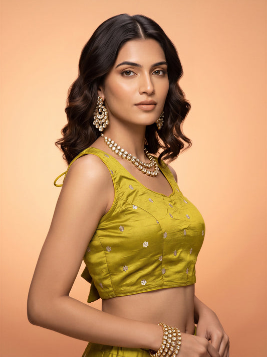 Lime Green sequin embellished chinnon sleeveless readymade saree blouse with round neck