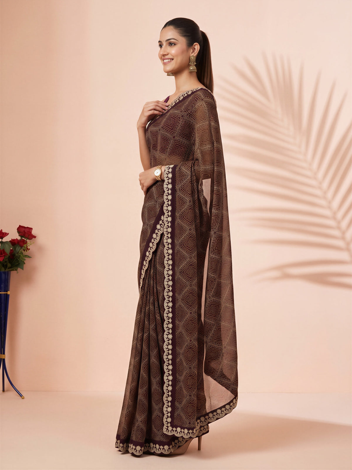 Wine Georgette saree – detail view 2