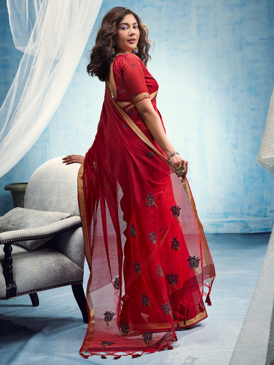 Red Muga Cotton saree – detail view 1