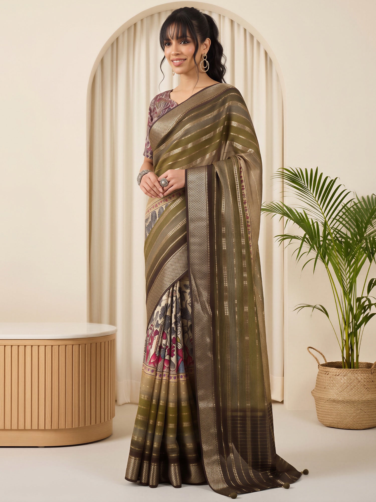 Olive Viscose Silk saree – detail view 3