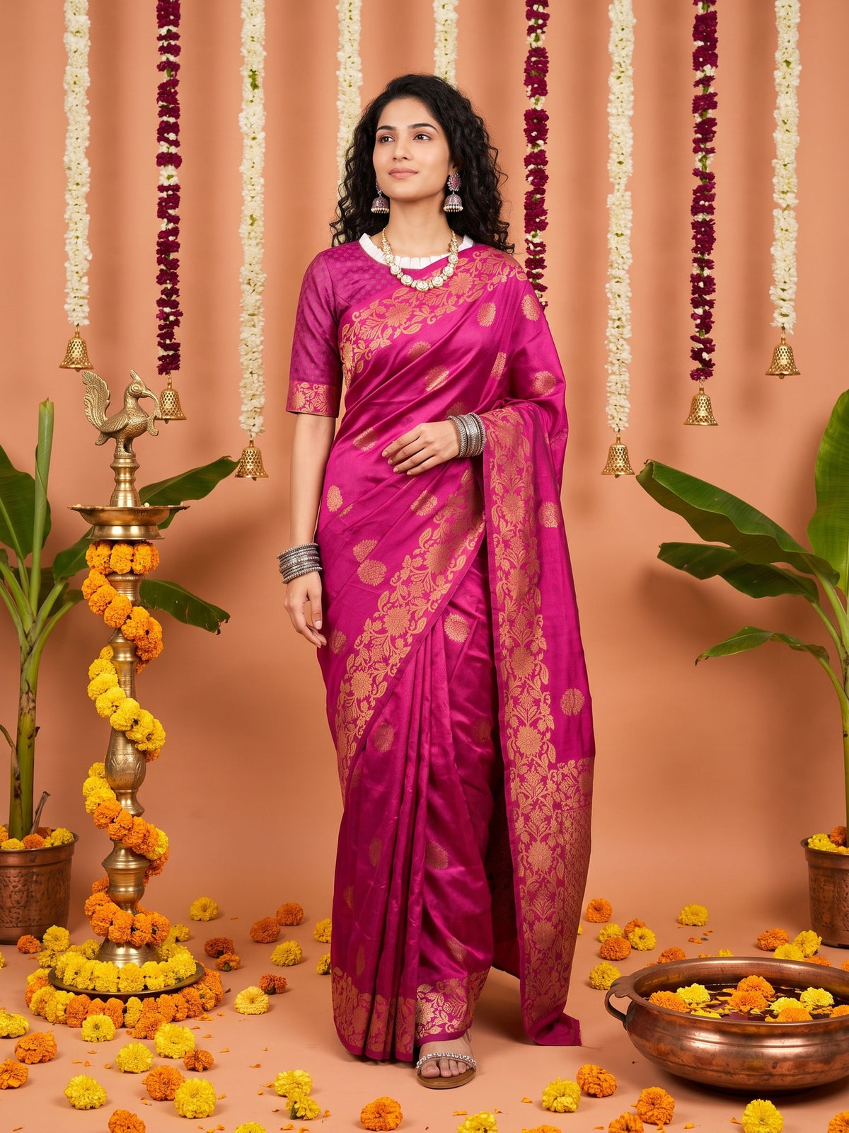Woman wearing magenta silk blend saree with zari butta (metallic motif) work and magenta blouse