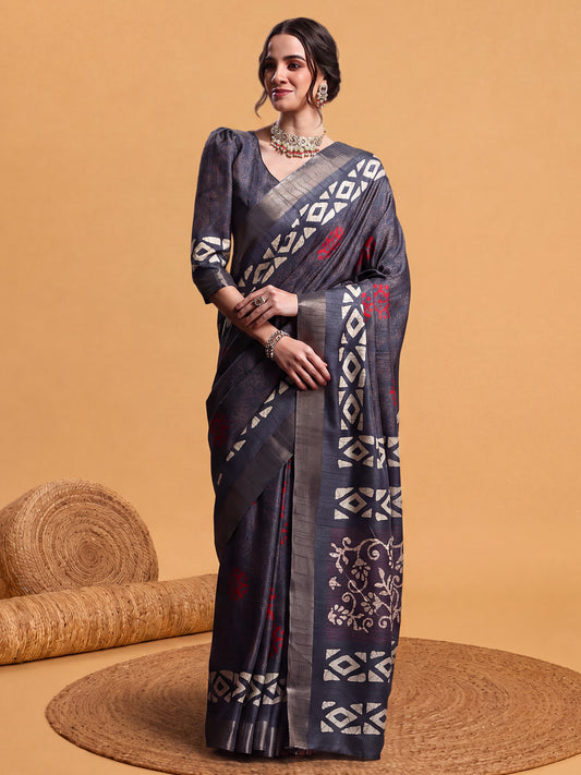 Woman wearing grey silk blend saree with hand block-printed motifs and grey blouse