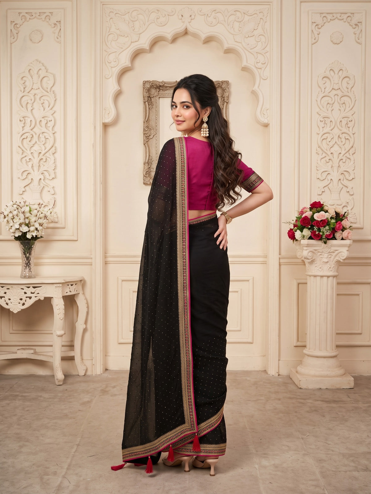 Black Vichitra Silk saree – detail view 2