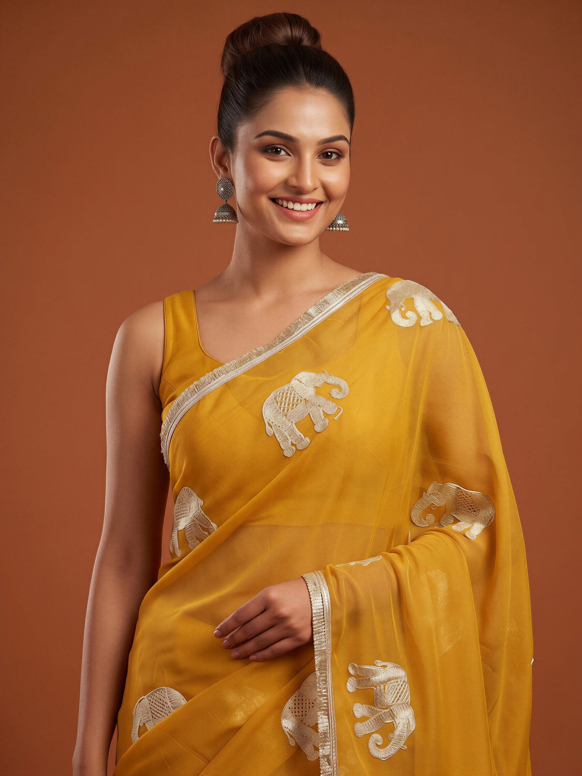 Mustard Georgette saree – detail view 4