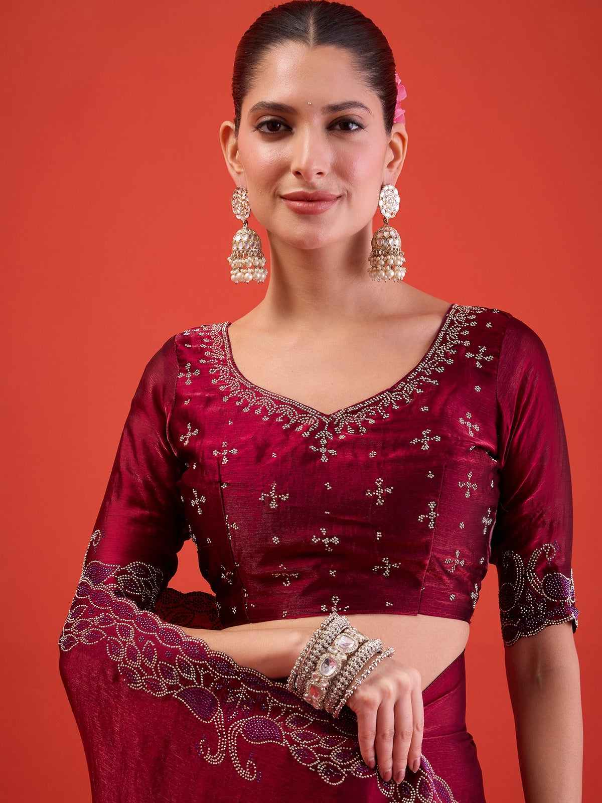 Magenta Satin saree – detail view 5