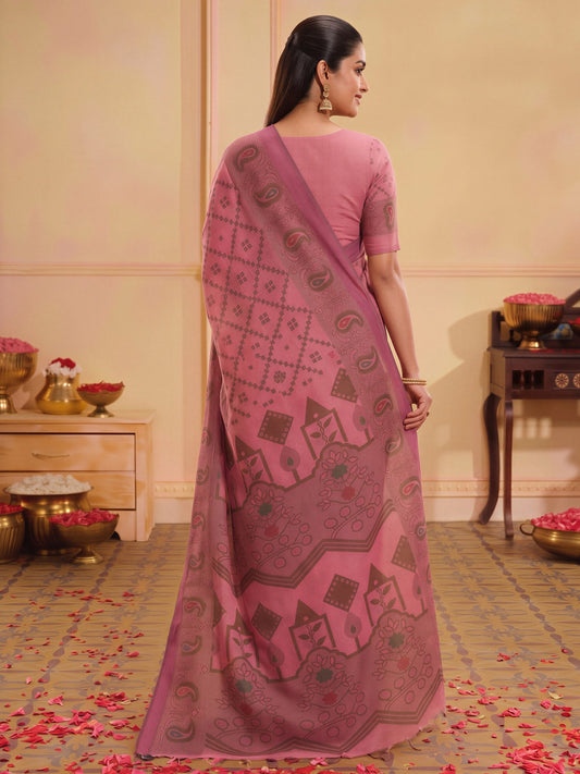 Pink silk blend saree view 1