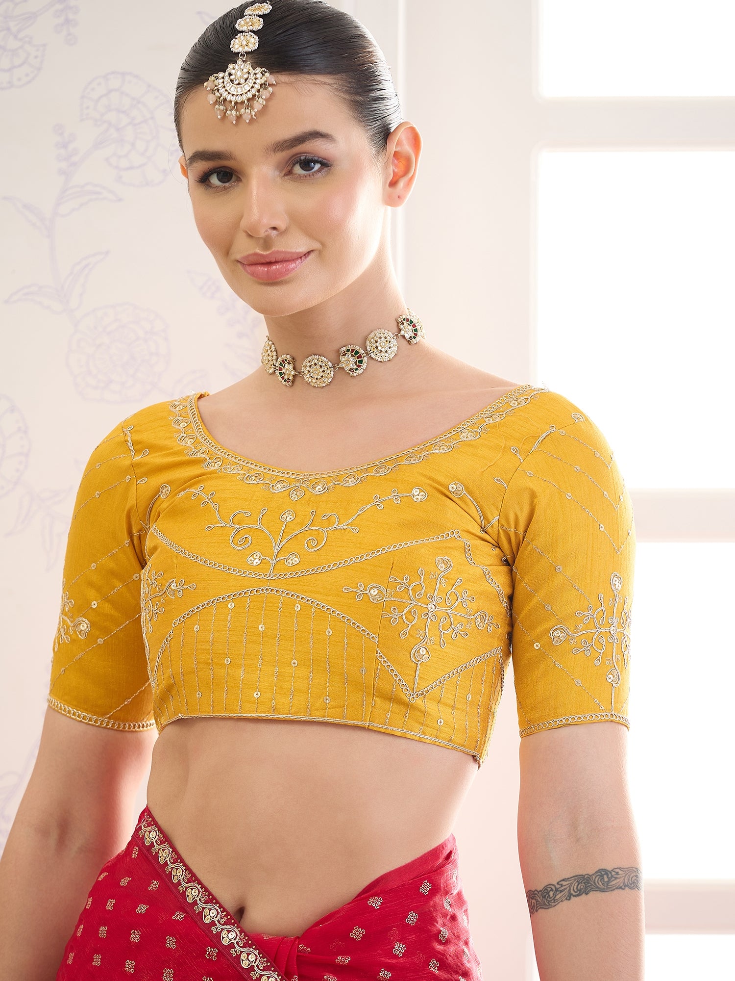 Unstitched yellow banglori silk blouse piece with embellished design