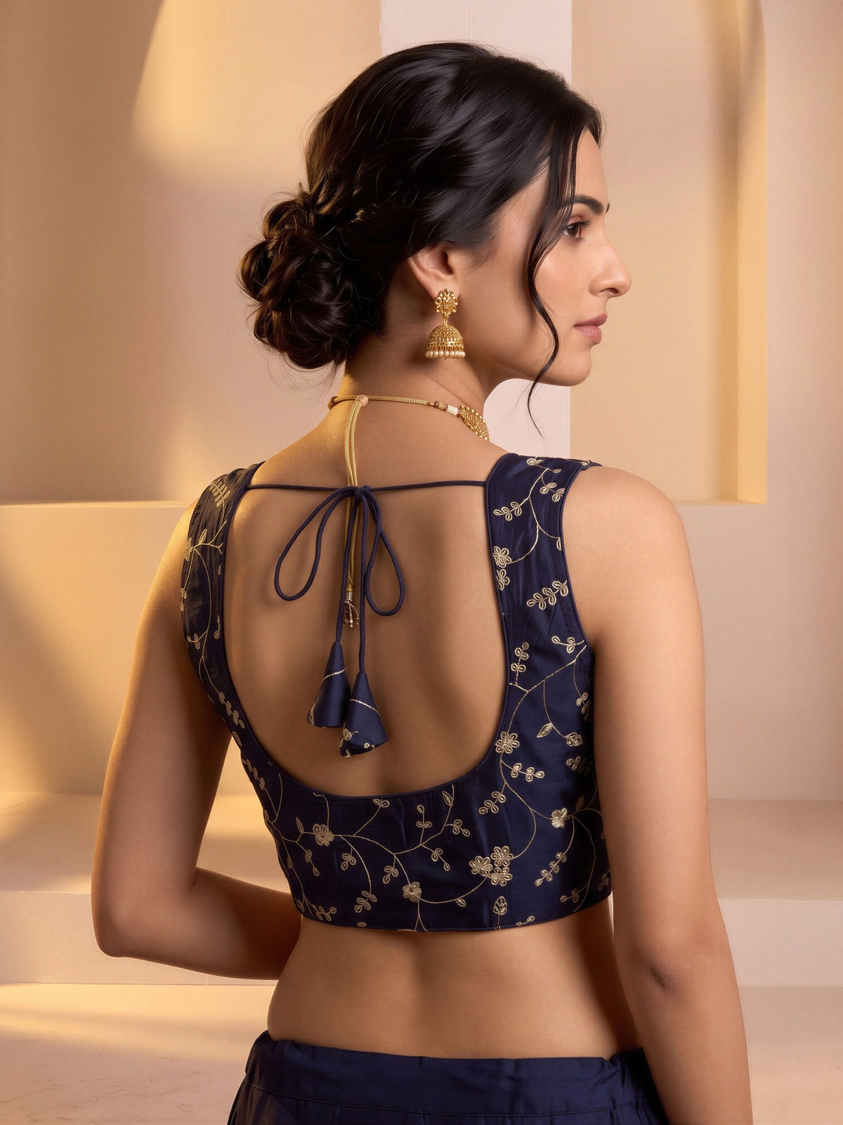 Navy Blue sequin embroidered vichitra silk sleeveless readymade saree blouse with round neck view 1