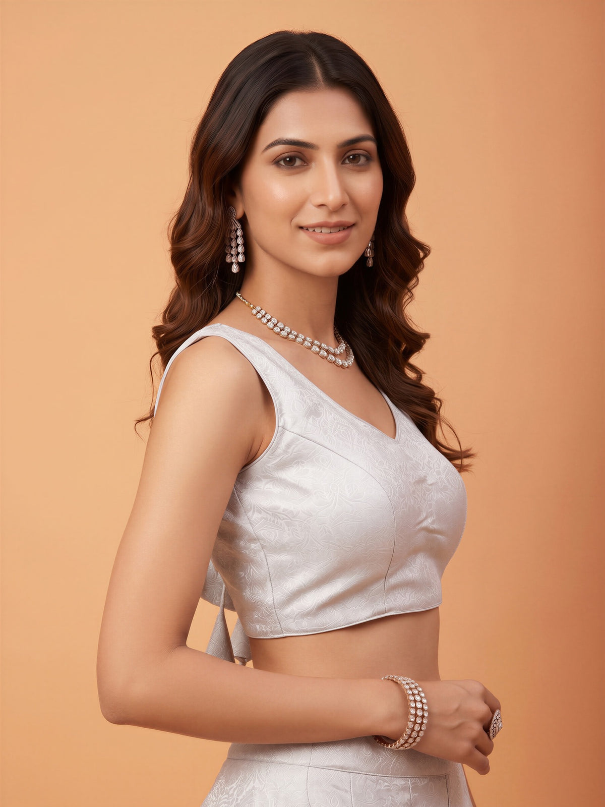 White woven brocade silk blend sleeveless readymade saree blouse with sweetheart neck view 2