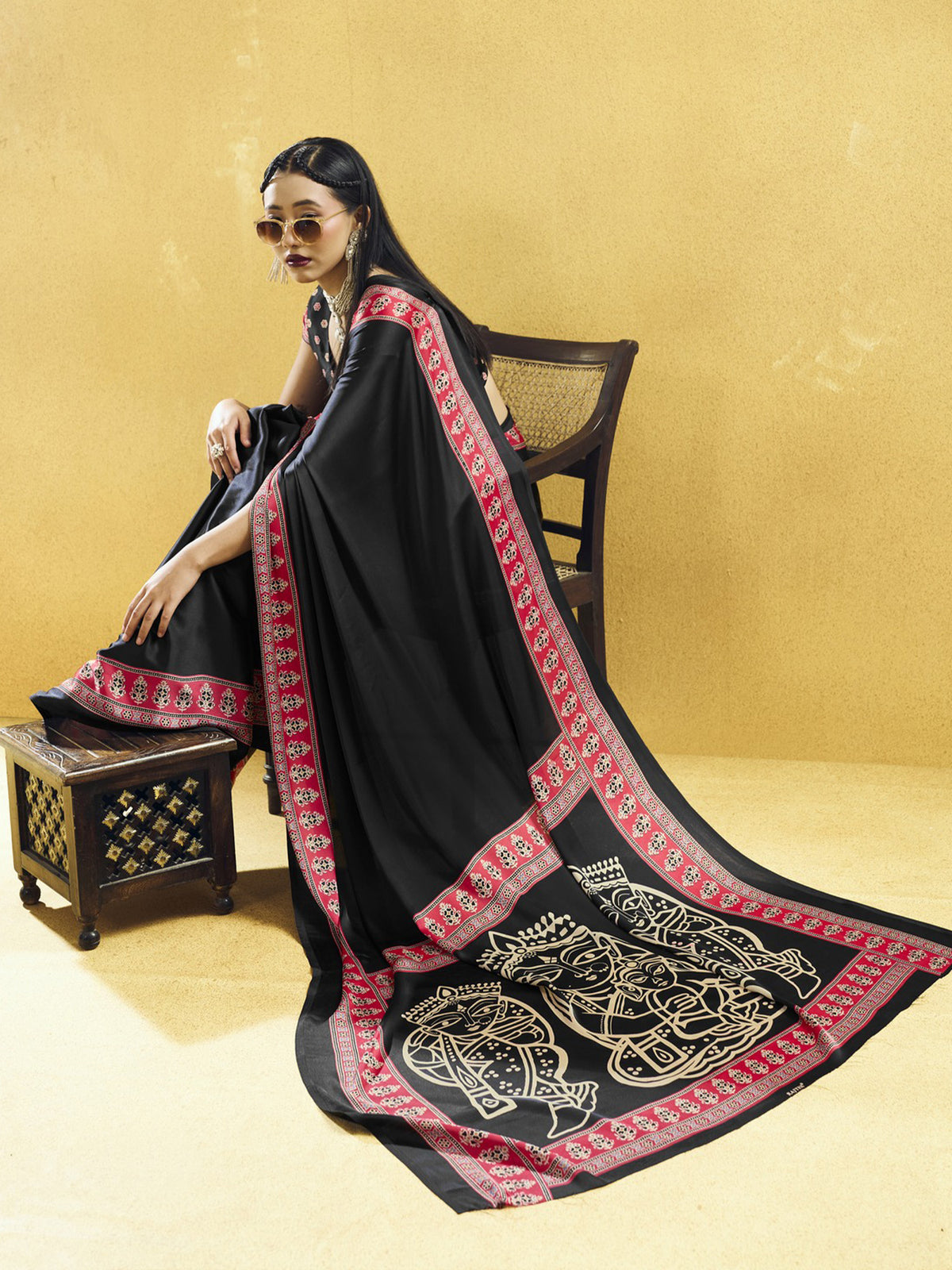 Black satin saree view 4