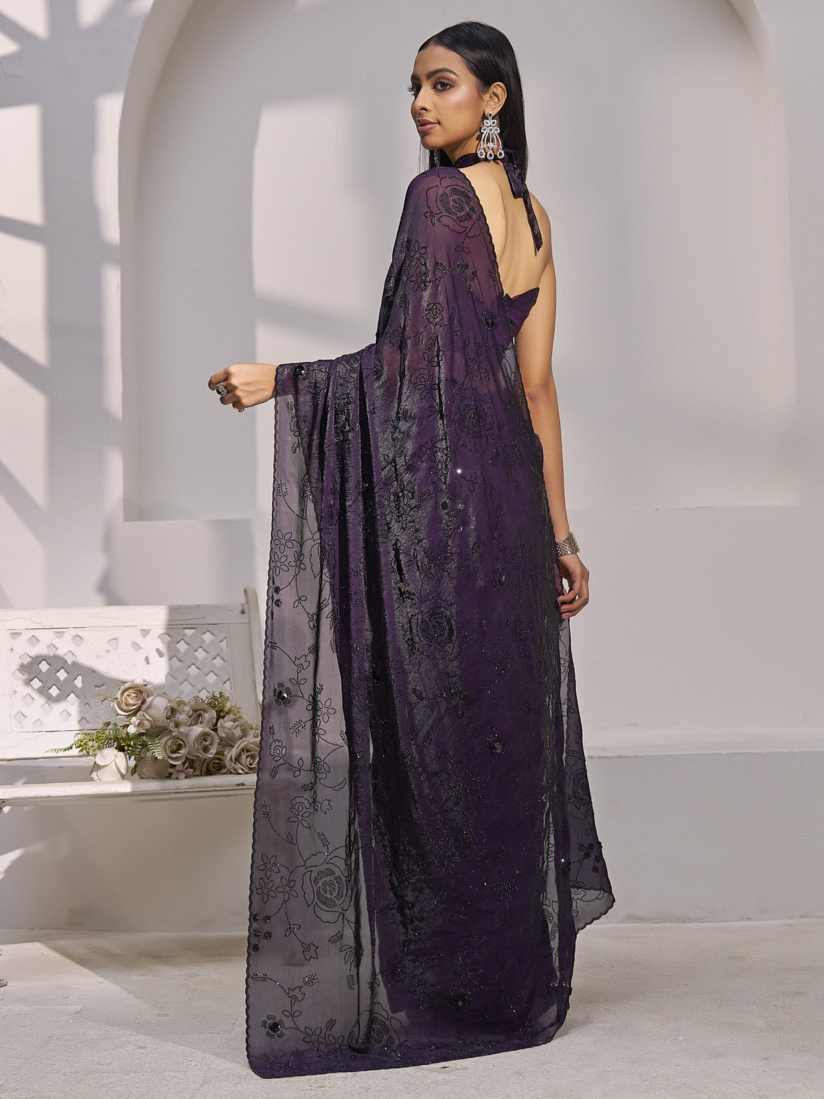Purple satin silk saree view 1