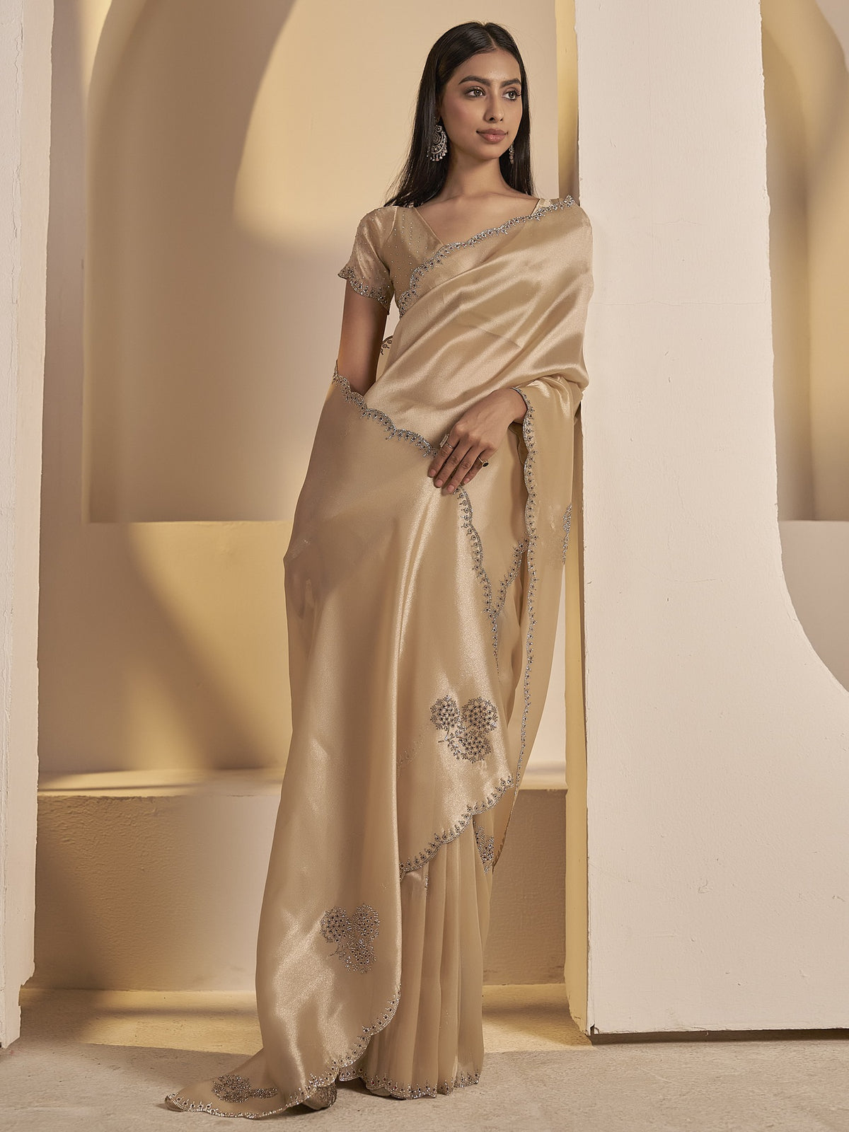 Champagne organza saree view 3