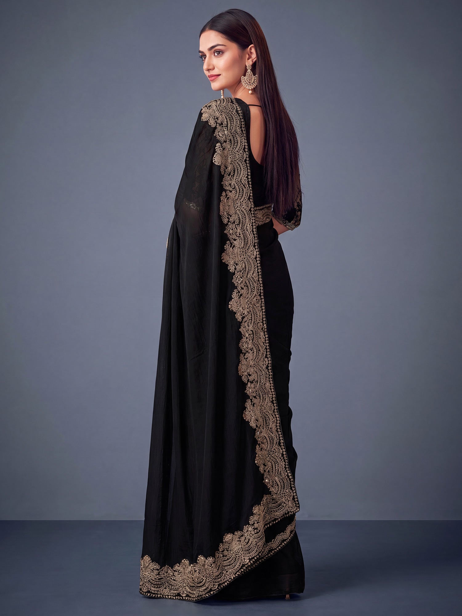 Black Satin Silk saree – detail view 2