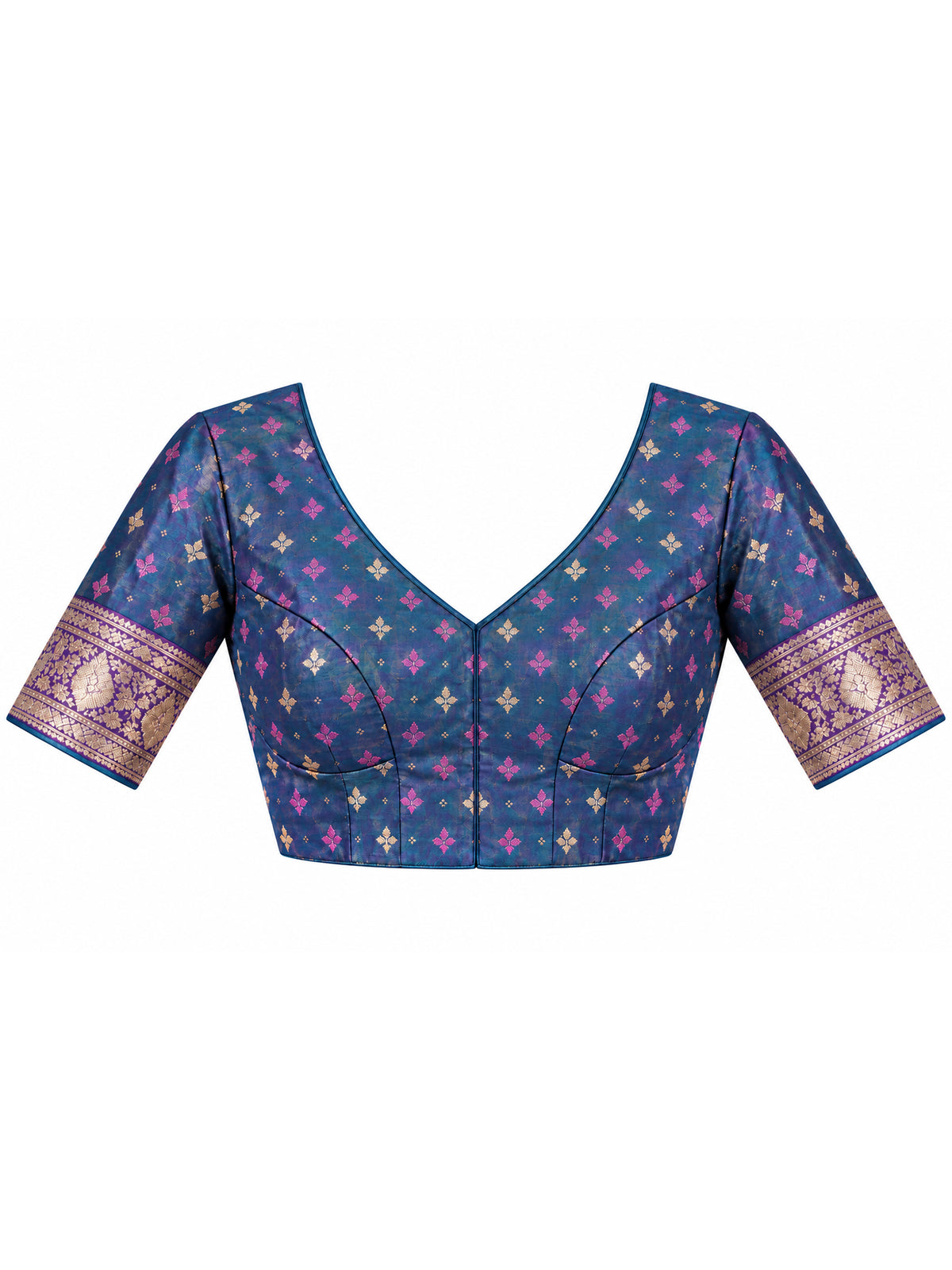 Unstitched teal blue  blouse piece with woven design design