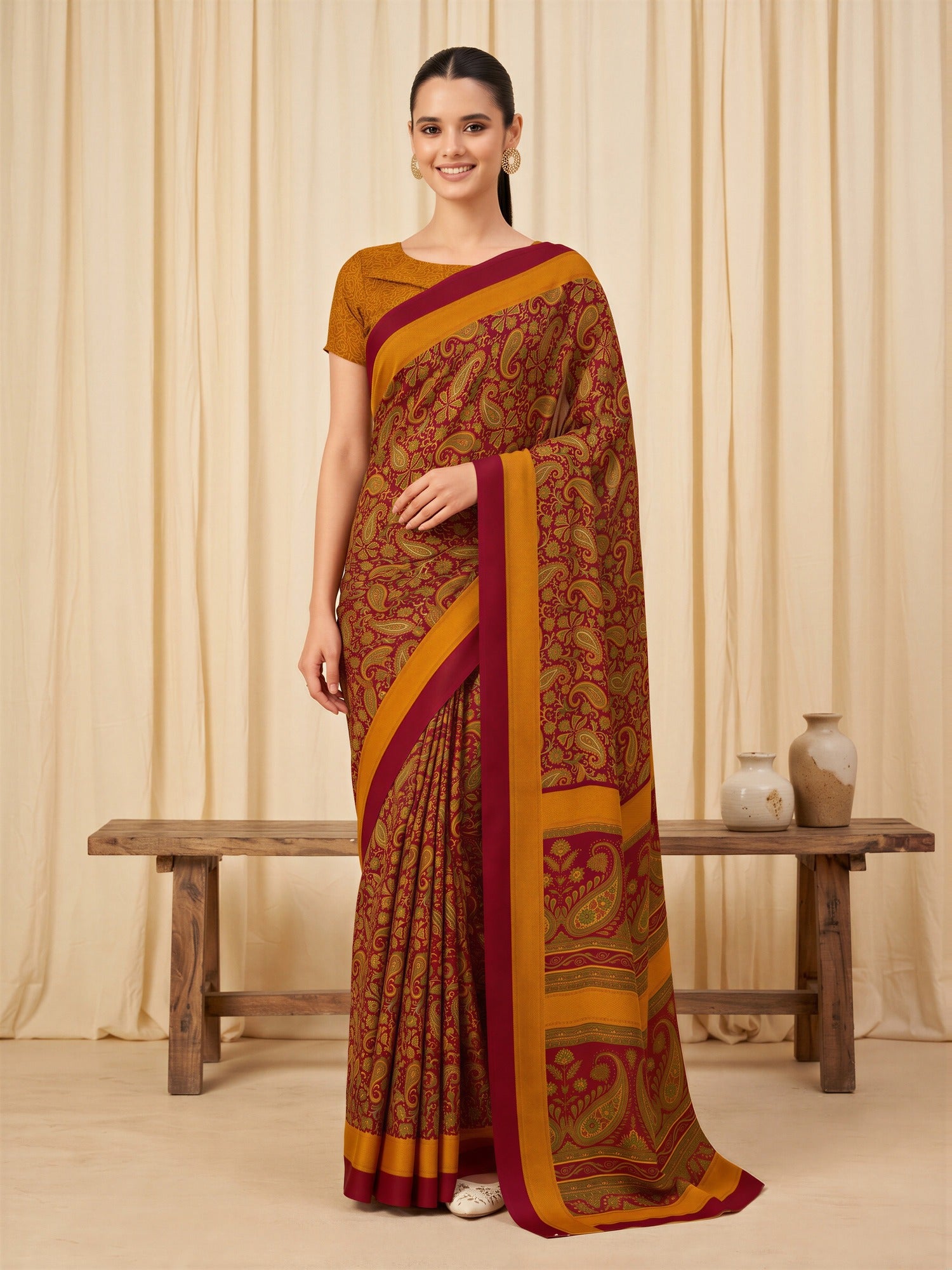 Woman wearing maroon crepe saree with bagh block-print motif work and mustard blouse