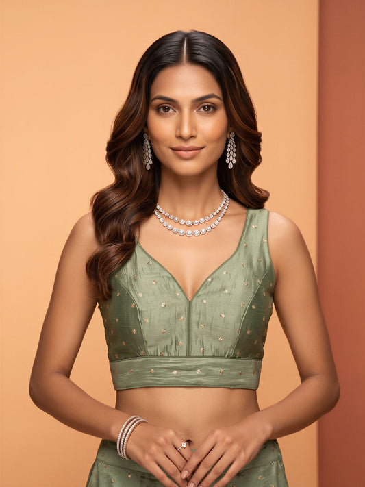 Sea Green sequin embellished silk blend sleeveless readymade saree blouse with v neck