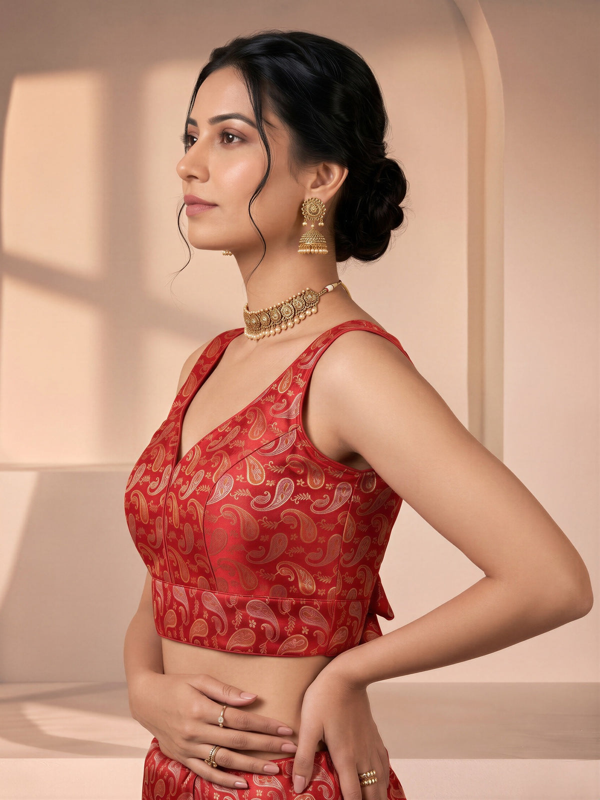 Red woven brocade silk blend sleeveless readymade saree blouse with v neck view 1