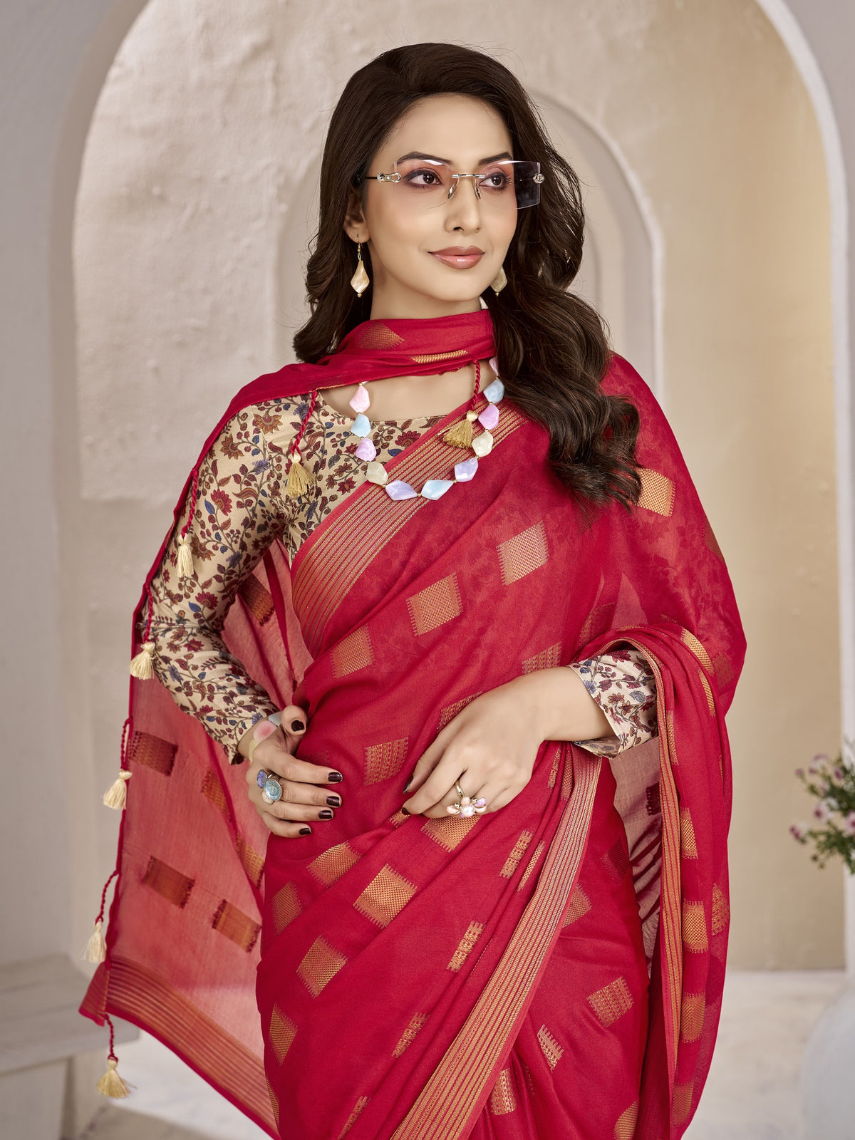 Red georgette saree view 4