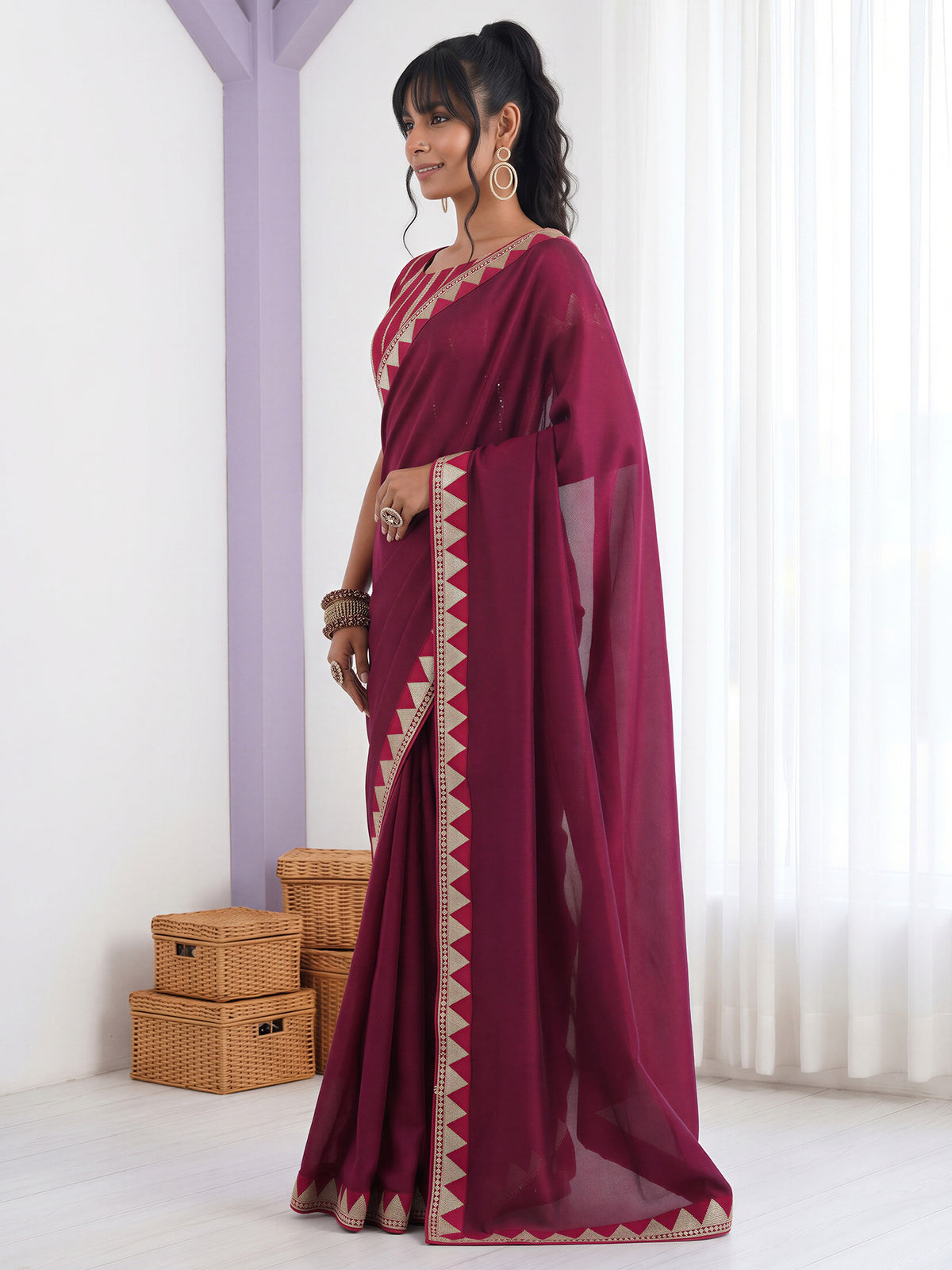 Purple Vichitra Silk saree – detail view 2
