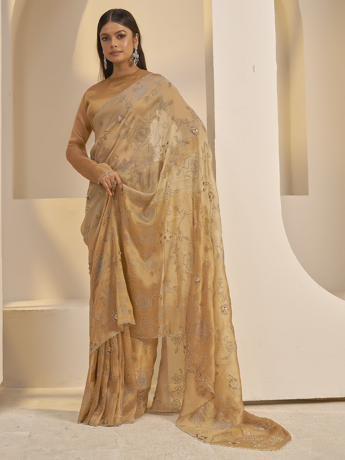 Gold organza saree view 3