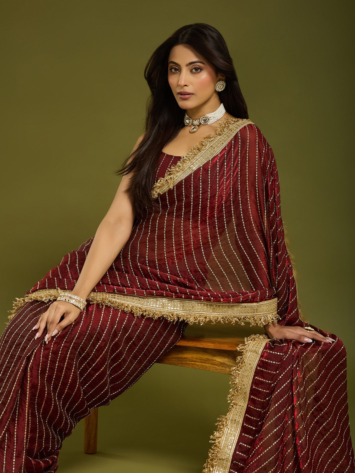 Maroon Satin saree – detail view 3