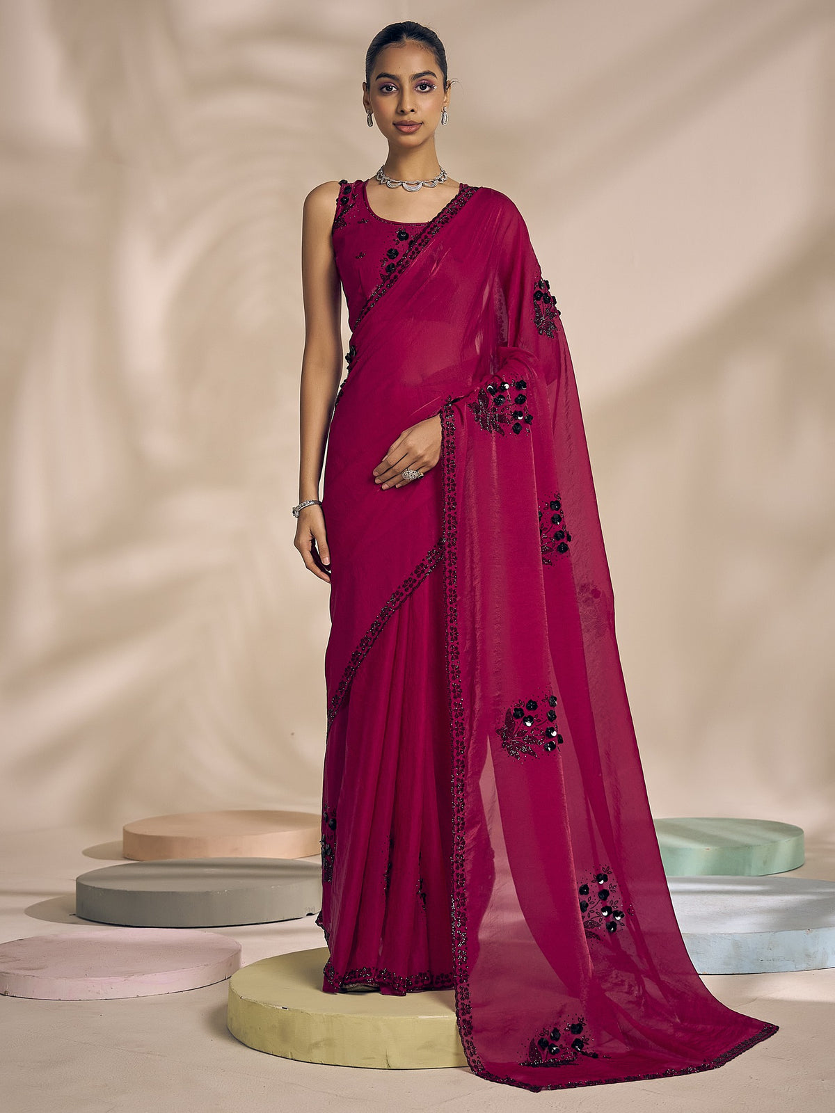 Magenta embellished satin silk saree with magenta blouse piece