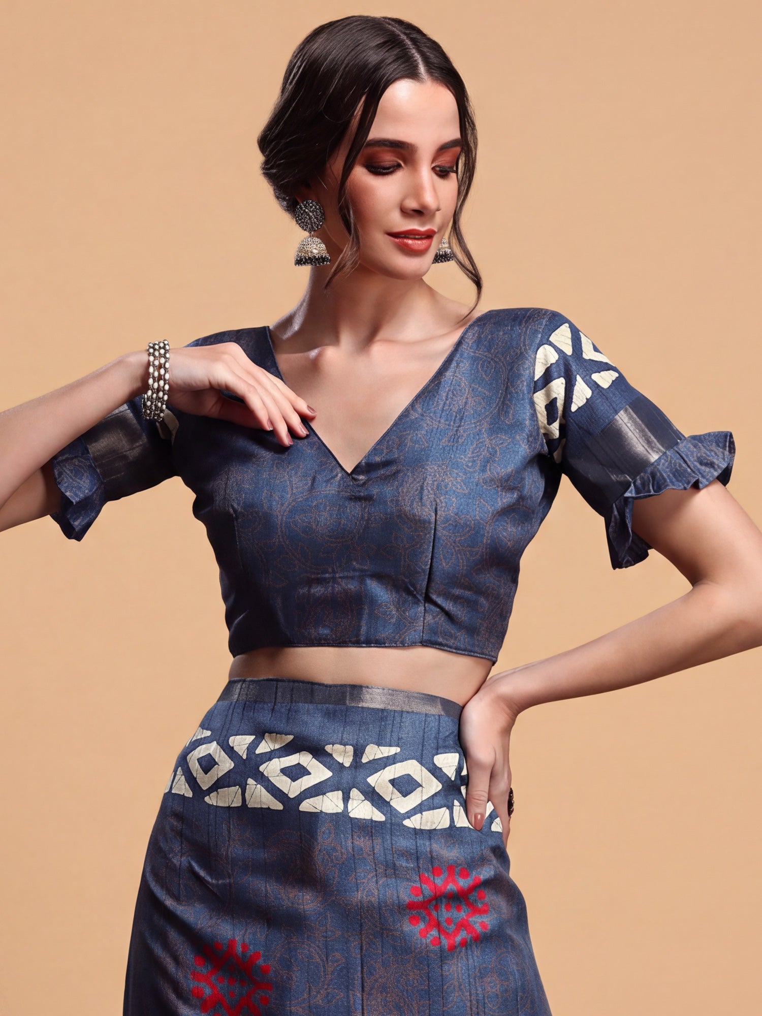 Unstitched teal blue silk blend blouse piece with block prints design