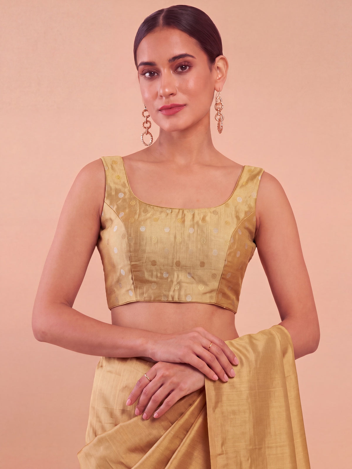 Beige zari woven georgette sleeveless readymade saree blouse with round neck view 2