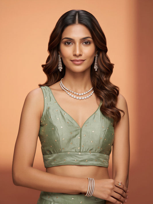 Light Green sequin embellished silk blend sleeveless readymade saree blouse with v neck