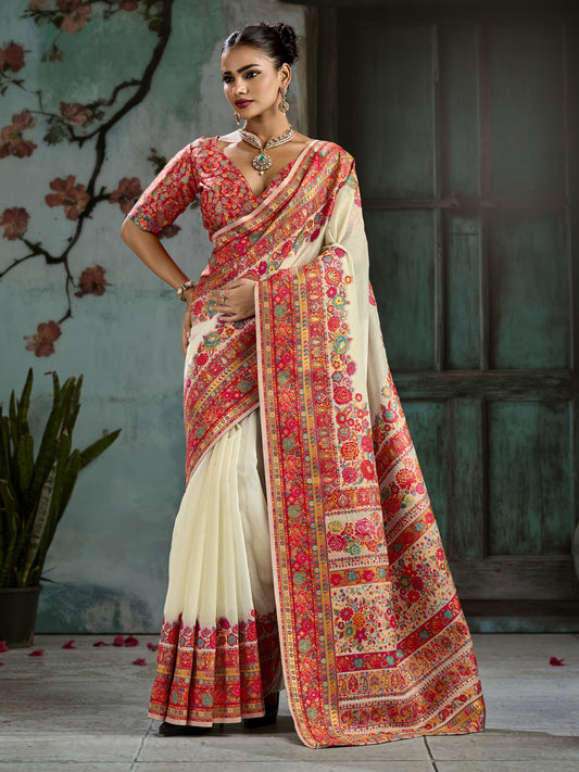 Off White kalamkari cotton saree with pink blouse piece