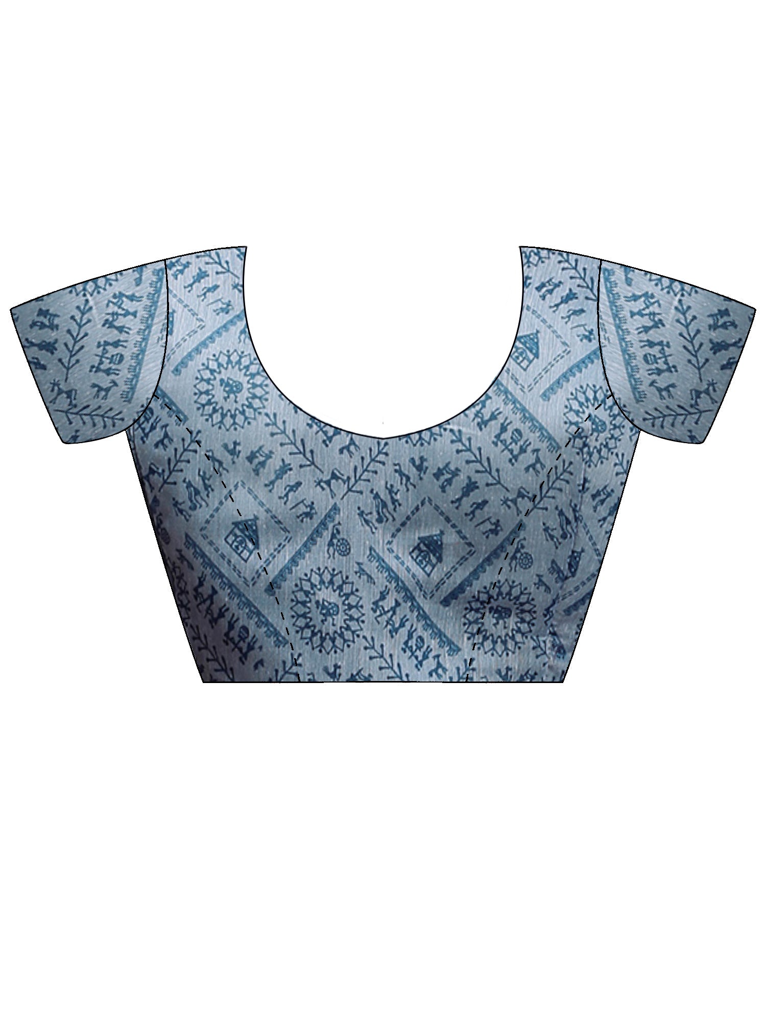 Unstitched light blue cotton linen blouse piece with warli design