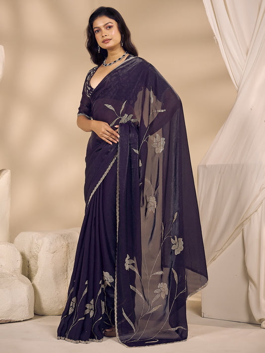 Purple satin silk saree view 1