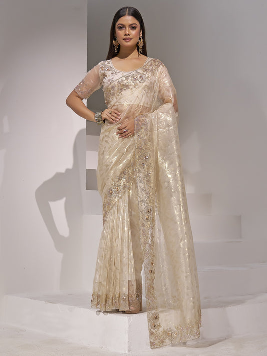 Cream applique organza saree with cream blouse piece