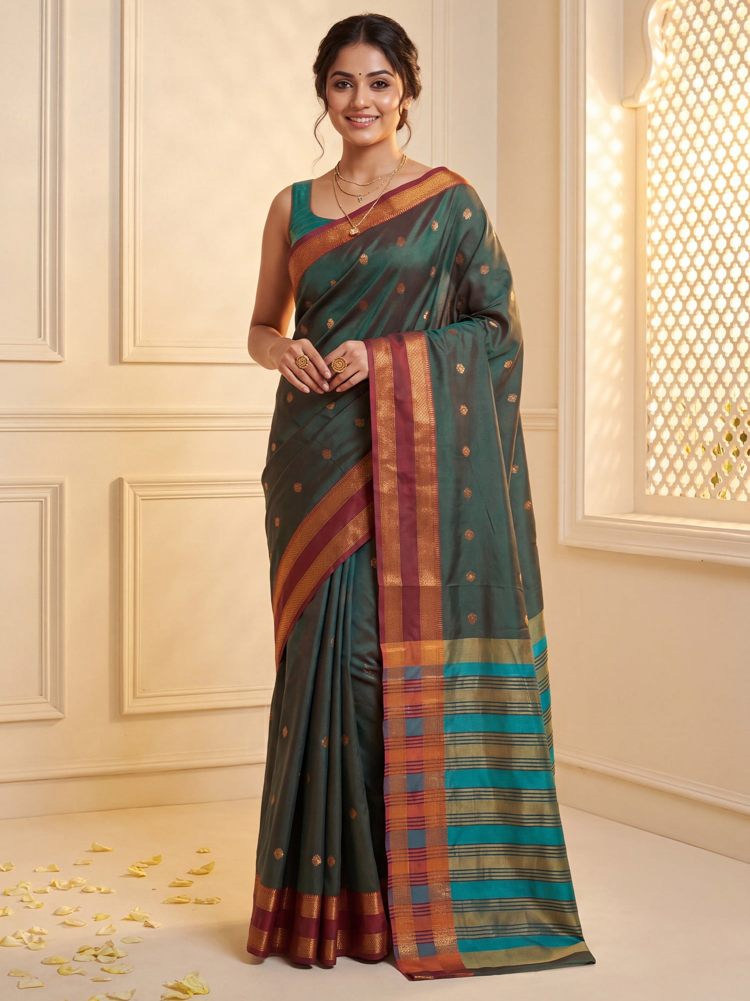 Woman wearing dark green soft silk saree with zari butta (metallic motif) work and light blue blouse