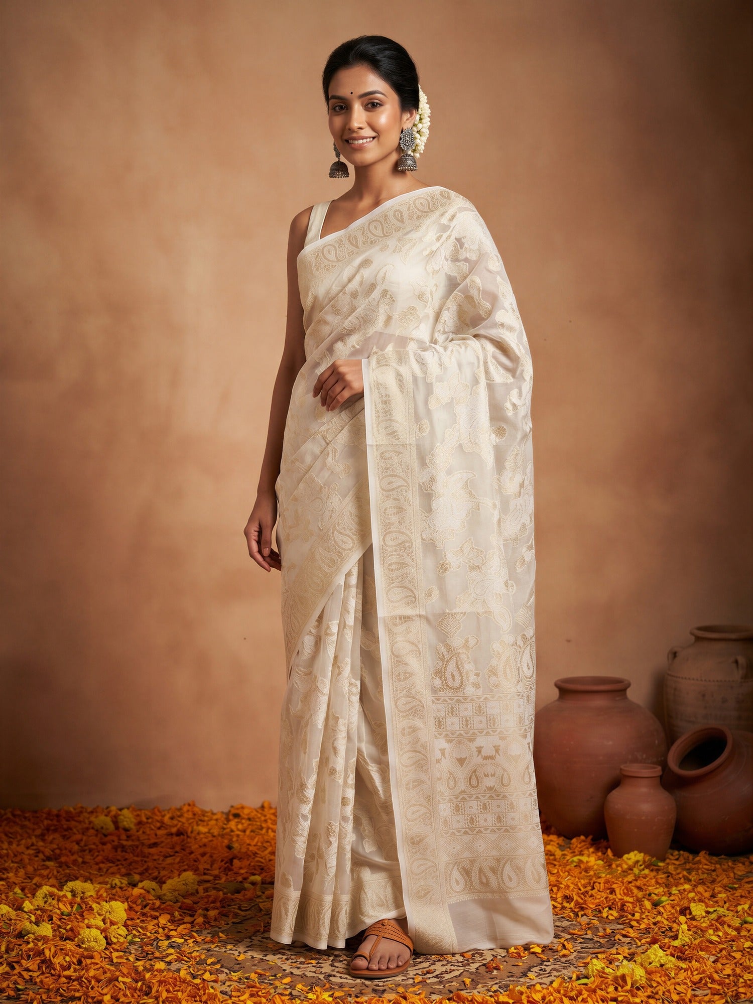 Woman wearing white organza saree with traditional indian motif work and white blouse