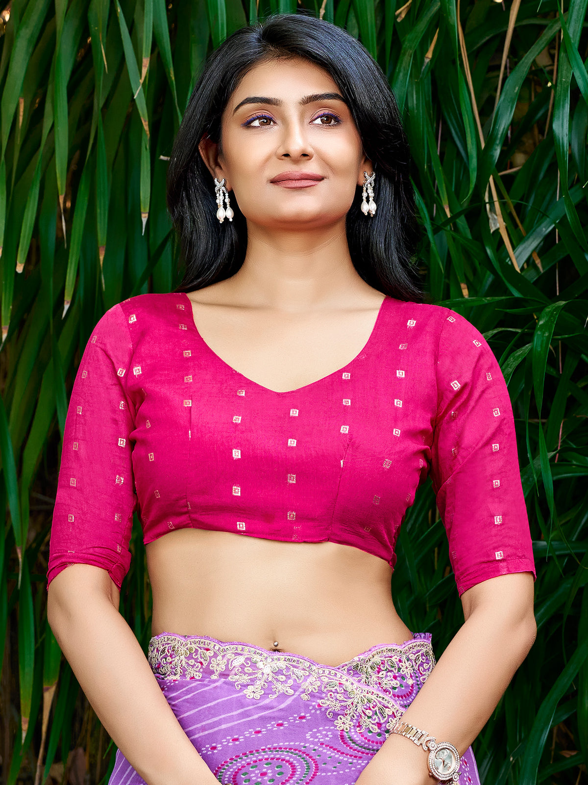 Unstitched pink georgette blouse piece with zari butta design