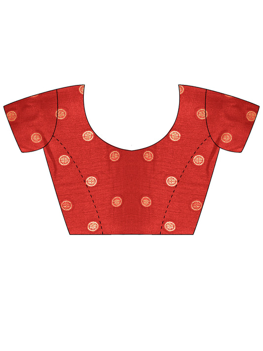 Unstitched red cotton blend blouse piece with foil design