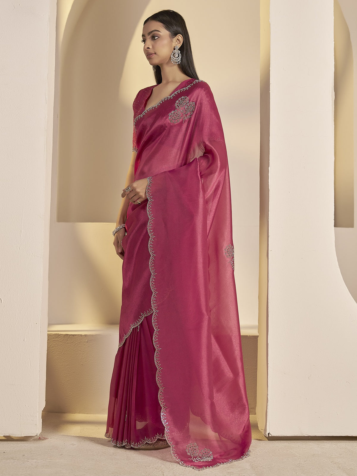 Magenta organza saree view 1