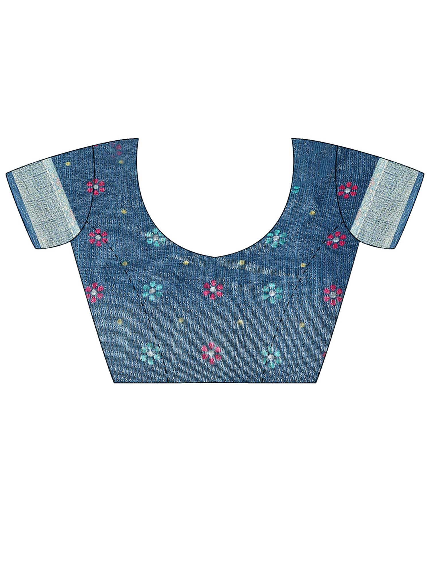 Unstitched teal blue cotton silk blouse piece with floral design