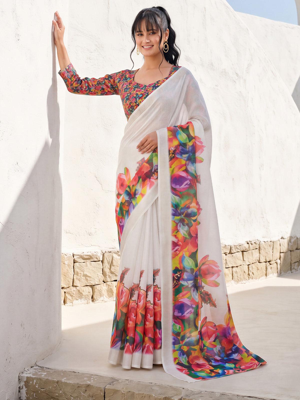 White Cotton Linen saree – detail view 3