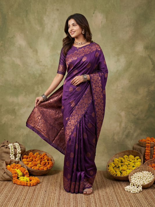 Woman wearing purple silk blend saree with zari butta (metallic motif) work and purple blouse