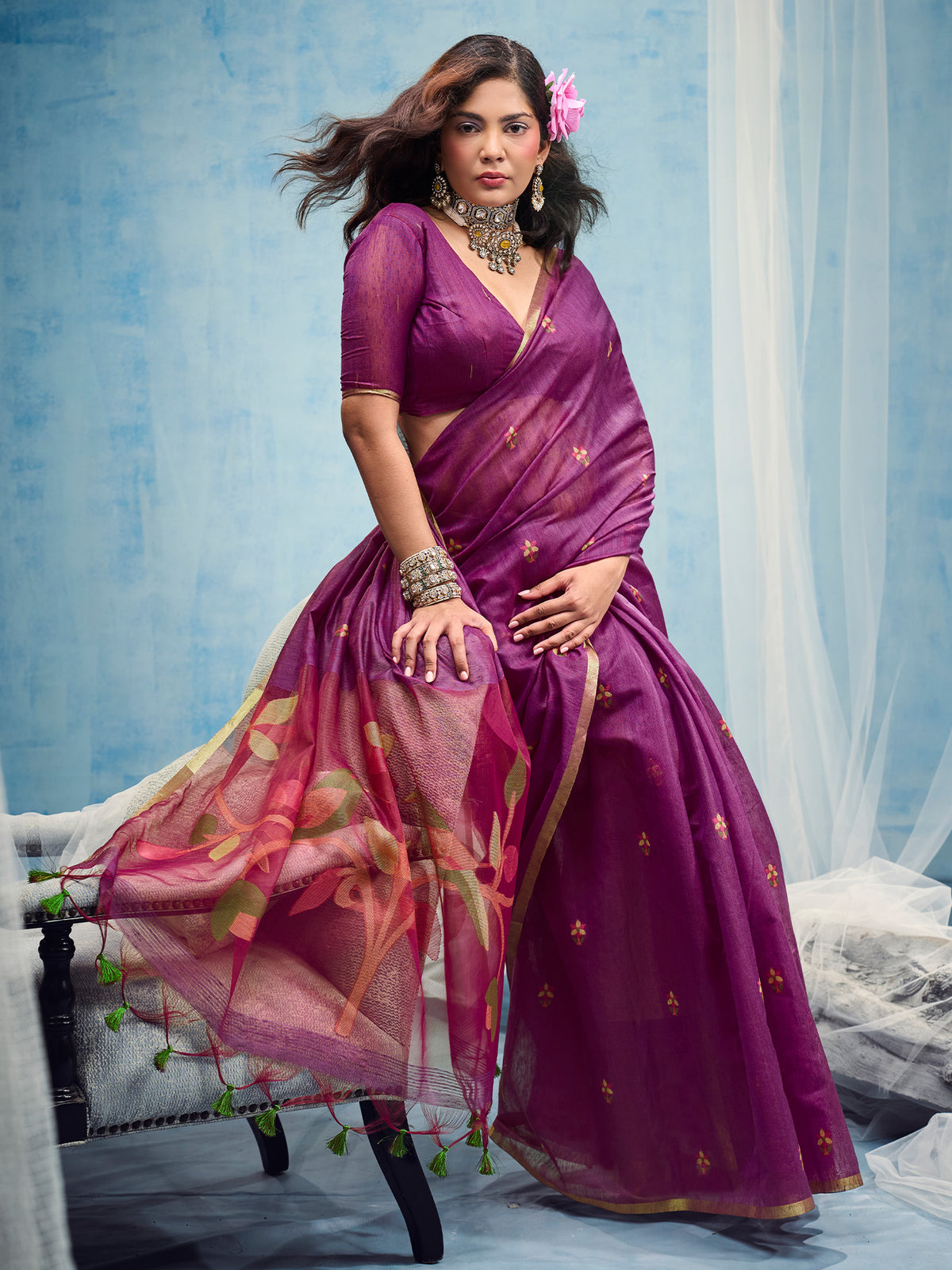 Magenta Muga Cotton saree – detail view 2