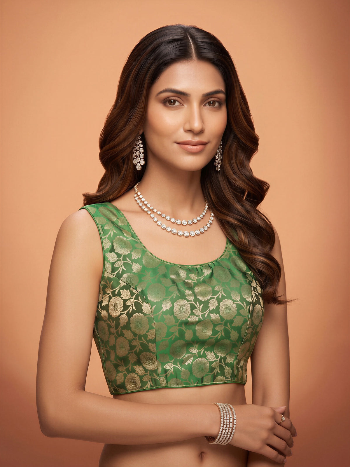 Green woven brocade silk blend sleeveless readymade saree blouse with round neck view 3