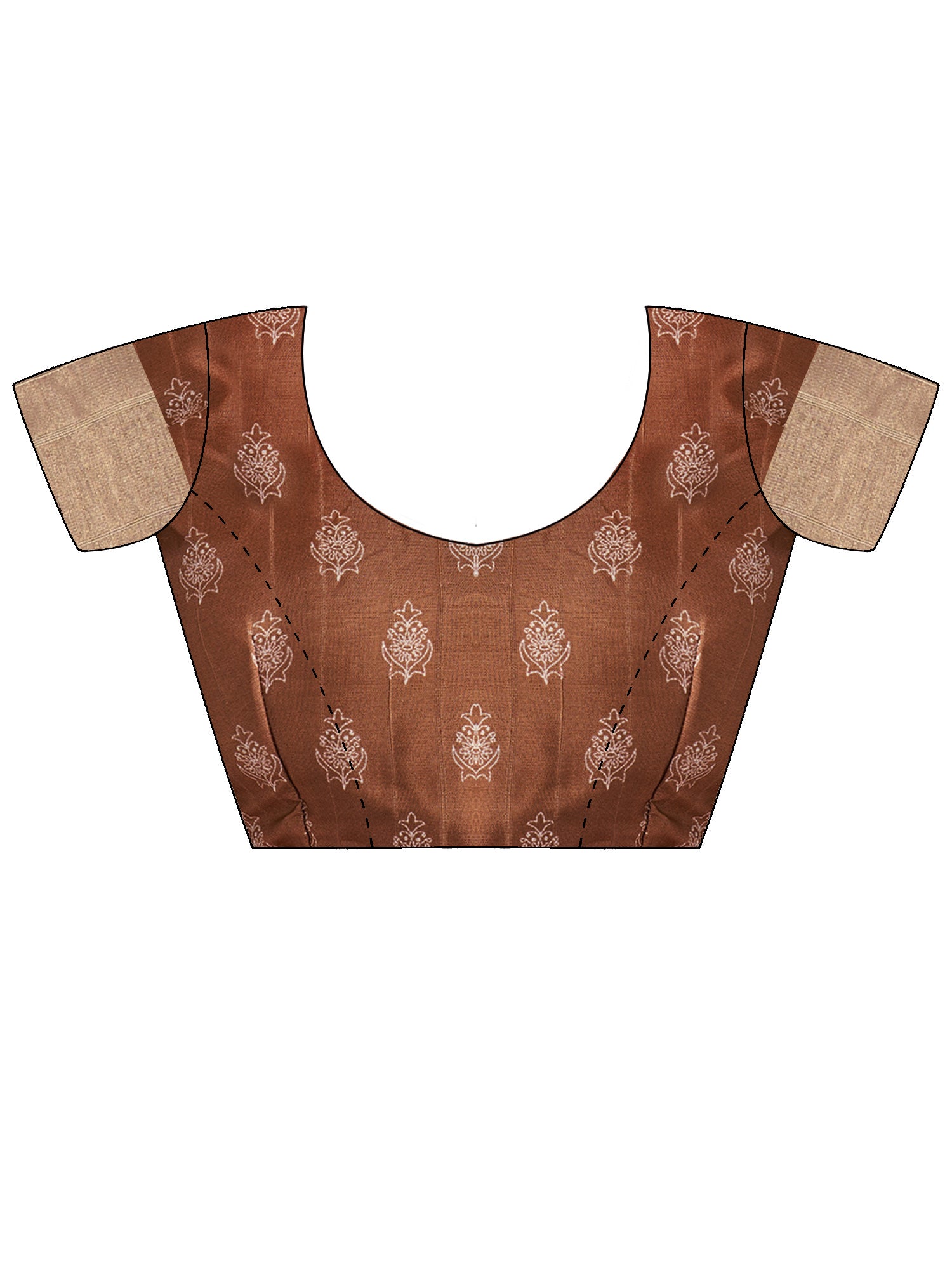 Unstitched brown satin silk blouse piece with ethnic motif design