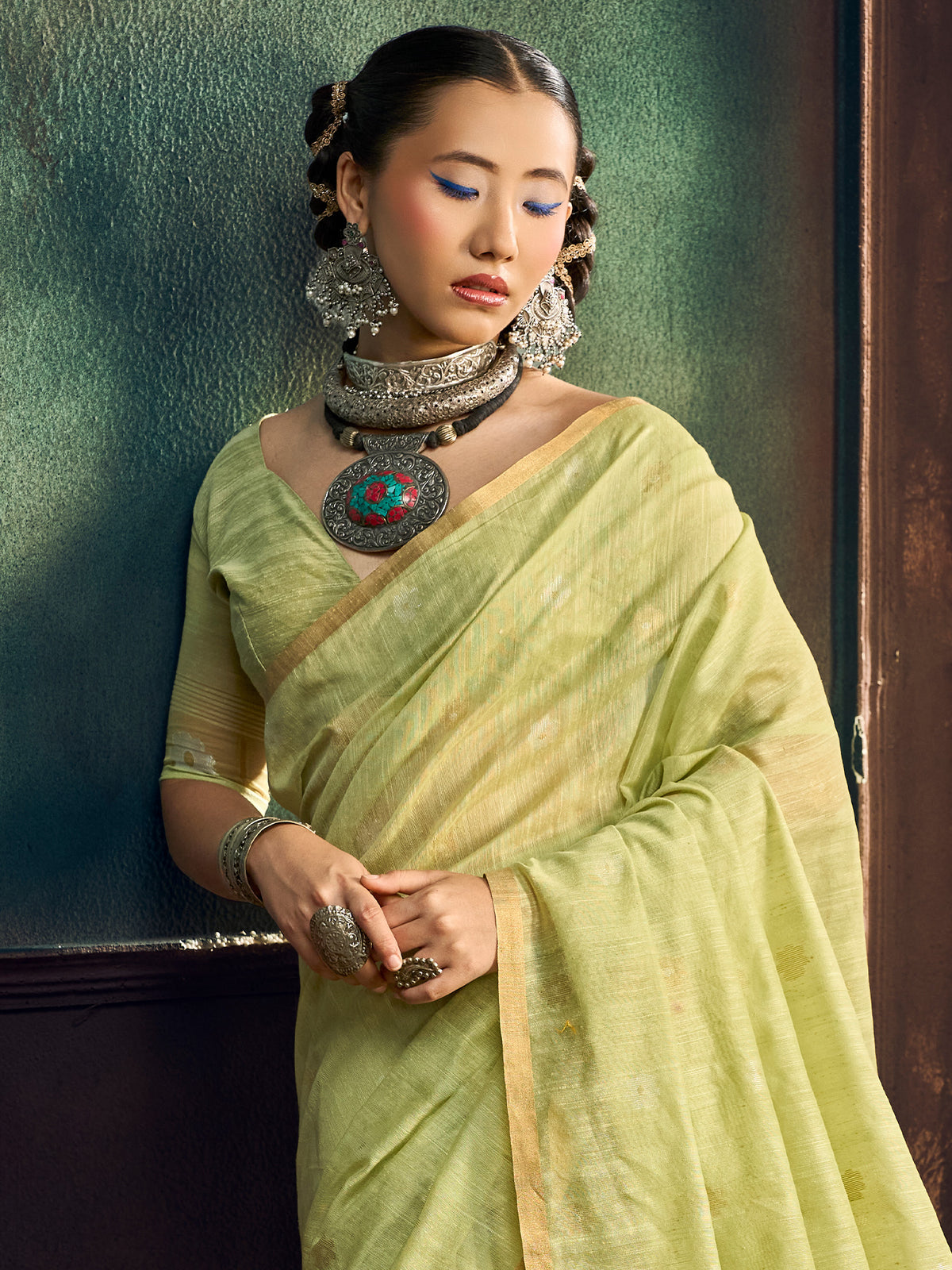 Light Green Muga Cotton saree – detail view 4