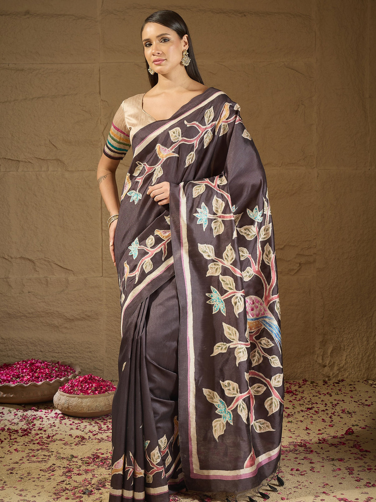 Charcoal Grey ethnic motif art silk saree with beige blouse piece